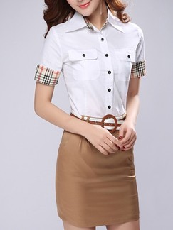 Brown and White Shirt Sheath Above Knee Plus Size Dress for Casual Office