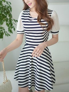 Black and White Stripe Above Knee Fit & Flare Dress for Casual