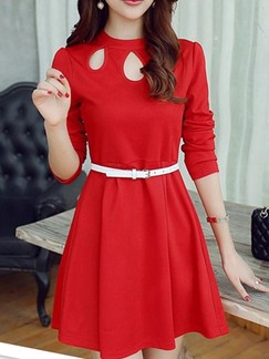 Red Long Sleeve Fit & Flare Above Knee Dress for Casual Evening Party