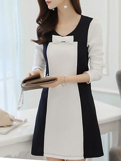 Black and White Long Sleeve Above Knee Shift Plus Size V Neck Dress for Casual Evening Office
