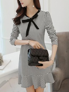 Black and White Long Sleeve Sheath Above Knee Dress for Casual Evening Office
