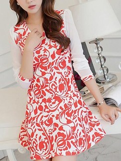 Red and White Long Sleeve Fit & Flare Above Knee Floral V Neck Dress for Casual Evening