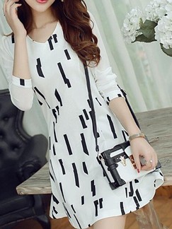 Black and White Long Sleeve Fit & Flare Above Knee V Neck Dress for Casual Evening Office
