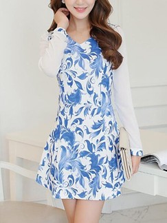 Blue Long Sleeve Fit & Flare Above Knee V Neck Dress for Casual Evening Office