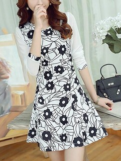Black and White Long Sleeve Floral Fit & Flare Above Knee V Neck Dress for Casual Evening Office