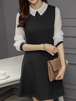 Black and White Long Sleeve Shirt Above Knee Fit & Flare Dress for Casual Evening Office
