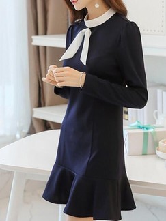 Blue Long Sleeve Sheath Above Knee Dress for Casual Office Evening