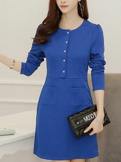 Blue Long Sleeve Above Knee Sheath Dress for Casual Office Evening
