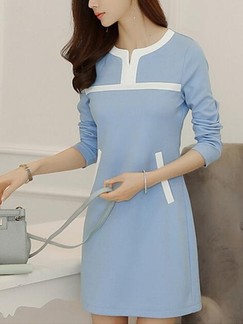 Blue Long Sleeve Sheath Above Knee Dress for Casual Office Evening