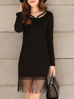 Black Long Sleeve Bodycon Knee Length Dress for Evening Party Cocktail