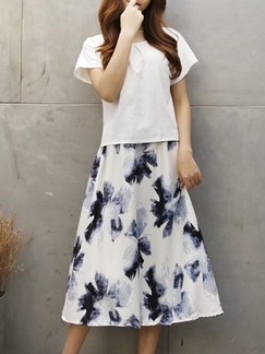 White and Blue Two Piece Floral Midi Dress for Casual