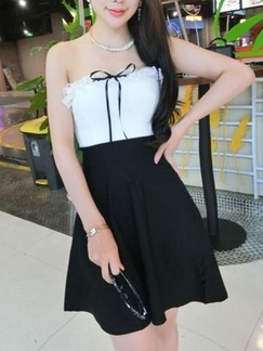 White and Black Fit & Flare Strapless Above Knee Dress for Party Evening Cocktail