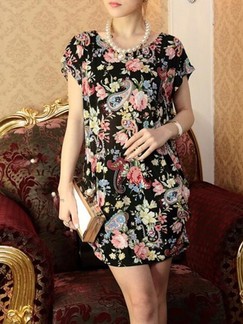 Black and Pink Colorful Shift Above Knee Floral Dress for Casual Party