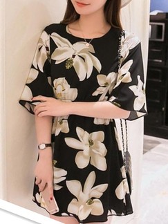 Black and Beige Above Knee Fit & Flare Floral Dress for Casual