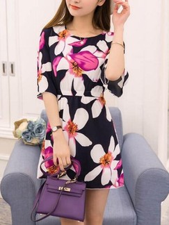 Blue and Pink Above Knee Fit  Flare Floral Dress for Casual