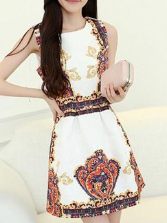 White Colorful Above Knee Fit  Flare Dress for Casual Party Evening