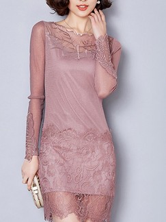 Pink Cute Long Sleeve Sheath Above Knee Lace Plus Size Dress for Evening Party Cocktail