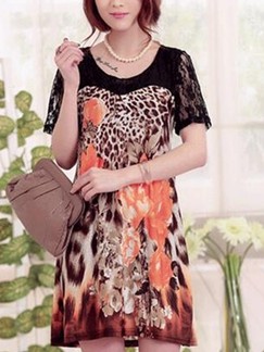 Black and Leopard Shift Above Knee Floral Dress for Casual