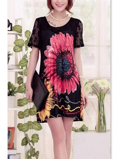 Black and Red Shift Above Knee Floral Dress for Casual