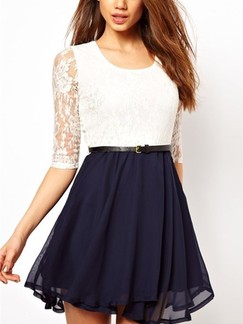 White and Blue Fit  Flare Lace Above Knee Plus Size Two Piece Dress for Casual Party Evening