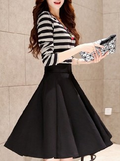 Black and Grey Fit & Flare Knee Length Two Piece Plus Size Long Sleeve Dress for Casual Party Evening