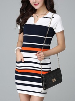 White Orange and Blue Above Knee Bodycon Plus Size Dress for Casual Office