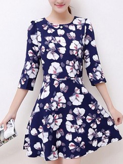 Blue Floral Fit & Flare Above Knee Plus Size Dress for Casual Party