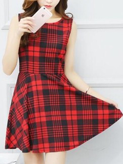 Red and Black Fit  Flare Above Knee Plus Size Dress for Casual Party