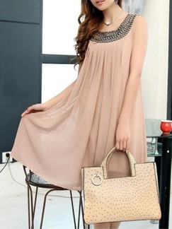 Beige Shift Knee Length Plus Size Dress for Casual Party Evening
