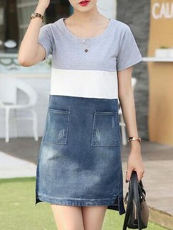 Blue White and Grey Shift Above Knee Denim Dress for Casual