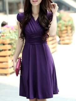 Purple Fit & Flare Wrap V Neck Knee Length Plus Size Dress for Casual Evening Party