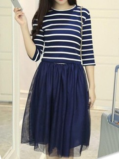 Blue and White Fit  Flare Knee Length Plus Size Dress for Casual
