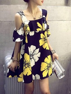 Black and Yellow Floral Shift Above Knee Dress for Casual Beach