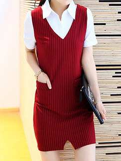 White and Red Shirt Bodycon Above Knee Plus Size Dress for Casual Office