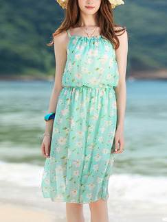 Green Floral Slip Knee Length Dress for Casual Beach