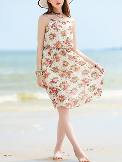 Beige Floral Slip Knee Length Dress for Casual Beach