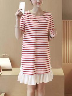 White and Red Shift Above Knee Plus Size Dress for Casual