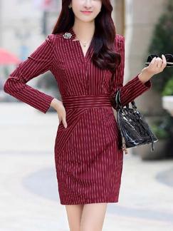 Red Sheath Above Knee Plus Size Long Sleeve V Neck Dress for Casual Evening Office
