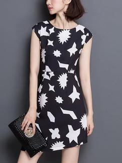 Black and White Sheath Above Knee Plus Size Dress for Casual
