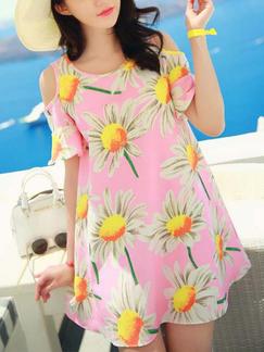 Pink Floral Shift Above Knee Plus Size Dress for Casual Beach