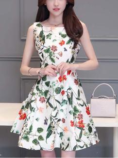 White and Green Floral Fit & Flare Above Knee Plus Size Dress for Casual Evening Party