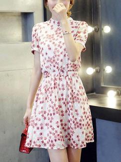 White and Red Floral Fit & Flare Above Knee Plus Size Dress for Casual Party
