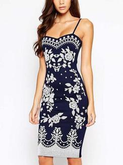 Blue and White Floral Slip Bodycon Knee Length Plus Size Dress for Casual Party Evening