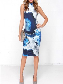 White and Blue Halter Bodycon Knee Length Plus Size Dress for Cocktail Evening Party