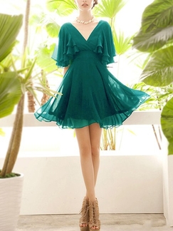 Green V Neck Fit & Flare Above Knee Dress for Cocktail Evening Party