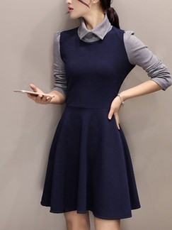 Blue and Grey Shirt Fit & Flare Above Knee Long Sleeve Plus Size Dress for Casual Office Evening Party