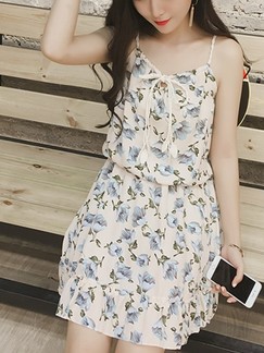 Beige and Blue Slip Above Knee Fit & Flare Floral Dress for Casual