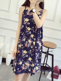 Blue Slip Above Knee Shift Floral Plus Size Dress for Casual Beach