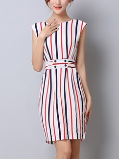 White and Red Sheath Above Knee Plus Size Dress for Casual Office