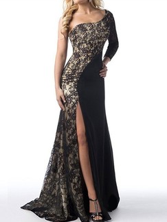Black and Golden One Shoulder Bodycon Maxi Plus Size Long Sleeve Dress for Prom Cocktail